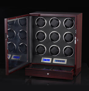 9+0 Watches Automatic Watch Winder Box With LED Lights Motor Control Wooden Bobbin Winder