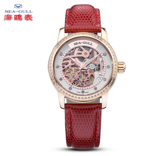 Seagull Skeleton Dial Rhinestones Gold Case Women Wristwatch Luminous Hands Lady Self Wind Automatic Watch 719.403LK