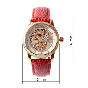 Seagull Skeleton Dial Rhinestones Gold Case Women Wristwatch Luminous Hands Lady Self Wind Automatic Watch 719.403LK