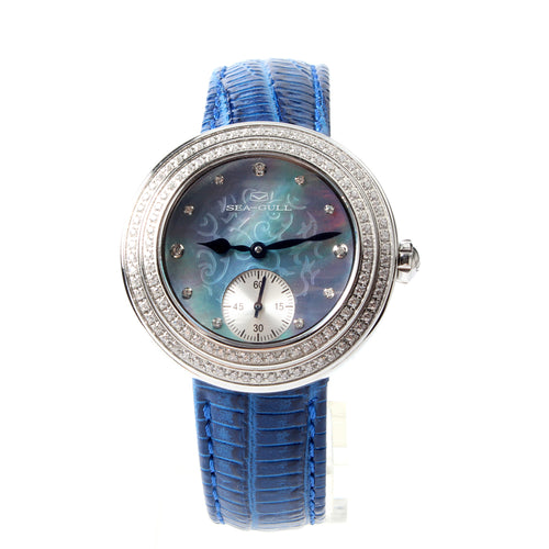 Seagull Rhinestone Bezel Lady Wristwatch Light Blue MOP Dial Hand Wind Small Second Women's Mechanical Watch 719.750L